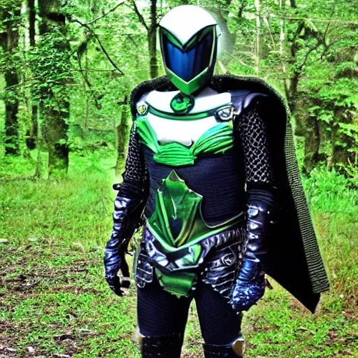 Image similar to High Fantasy Kamen Rider, glowing eyes, 4k, forest plains of north yorkshire, daytime, chainmail rubber undersuit, segmented armor, dark blue armor with green secondary color, tokusatsu