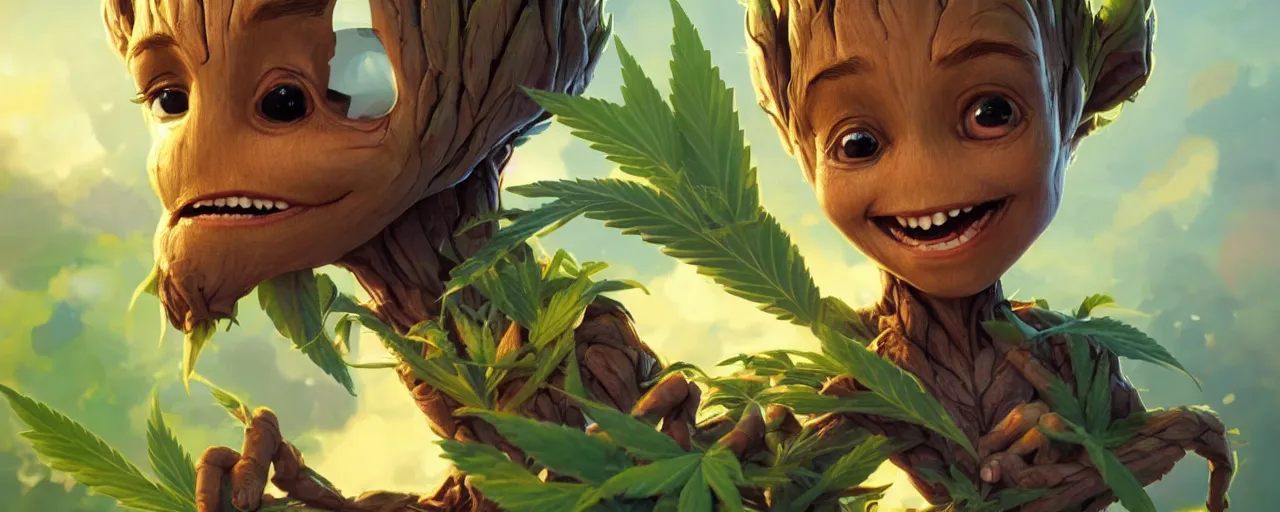 Image similar to portrait smiling round cute face cannabis!!, big eyes, marijuana!, baby groot, realistic shaded perfect face, cinematic volumentric lighting, jim cheung, david marquez, mike deodato jr, behance hd by jesper ejsing, by rhads, hyper detailed, octane render, concept art, artstation