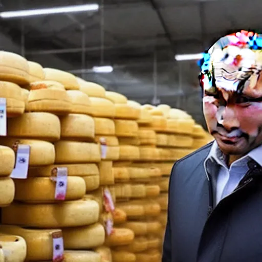 Image similar to close up of vladimir putin visiting a cheese market