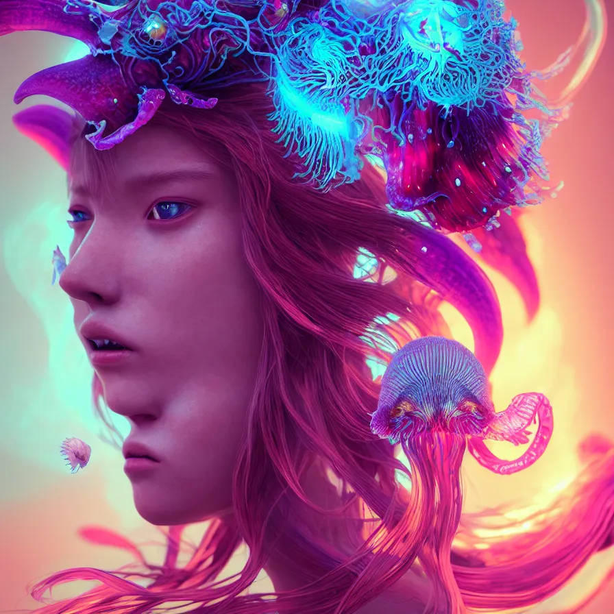 Image similar to goddess close-up portrait. orchid jellyfish phoenix head, nautilus, skull, betta fish, bioluminiscent creatures, intricate artwork by Tooth Wu and wlop and beeple. octane render, trending on artstation, greg rutkowski very coherent symmetrical artwork. cinematic, hyper realism, high detail, octane render, 8k