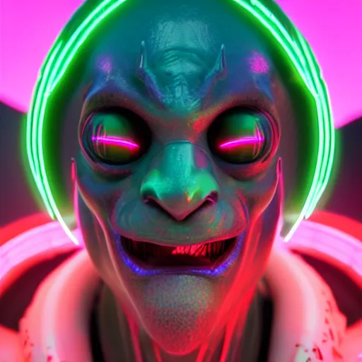 Image similar to synthwave demonic alien face with neon horns, detailed face, sharp focus, synthwave art, aesthetic, octane render, raw, cinematic