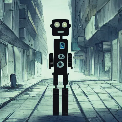 Prompt: a sad robot in a street of a post apocalyptic city