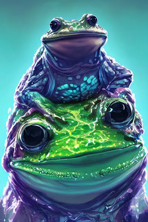 Prompt: A fancy portrait of a crystalized frog by Greg Rutkowski, beeple, Sung Choi, Mitchell Mohrhauser, Maciej Kuciara, Johnson Ting, Maxim Verehin, Peter Konig, final fantasy, macro lens , 8k photorealistic, cinematic lighting, HD, high details, dramatic, dark atmosphere, trending on artstation