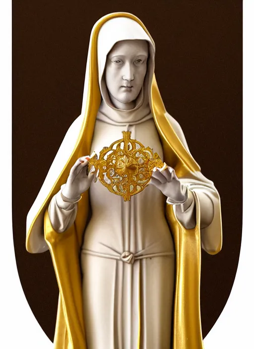 Image similar to a medieval female nun, elegant, filigree renaissance sculpture from gold and marble, brilliant symmetry, created by verrocchio andrea, leonardo da vinci, sandro botticelli, raffaelle monti, epic 7 0 mm lens shot, artstation trending, photorealism, sharp focus, smooth, establishing shot, sense of awe