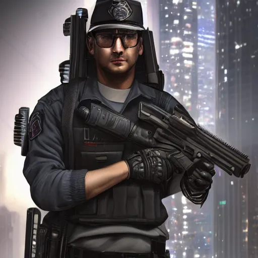 Prompt: cyberpunk police officer by abrar khan, artstation, highly detailed image, ultra realistic