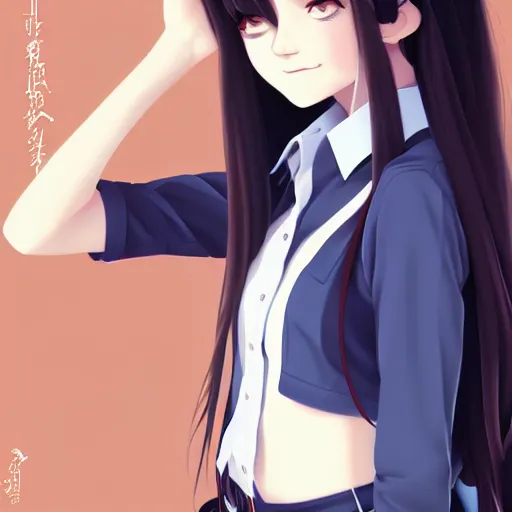 Image similar to urban school girl in shirt fanart, dark blue long hair, muted colors, matte print, pastel colors, ornate, digital art, cute smile, digital painting, fan art, elegant, pixiv, by Ilya Kuvshinov, by Studio Ghibli