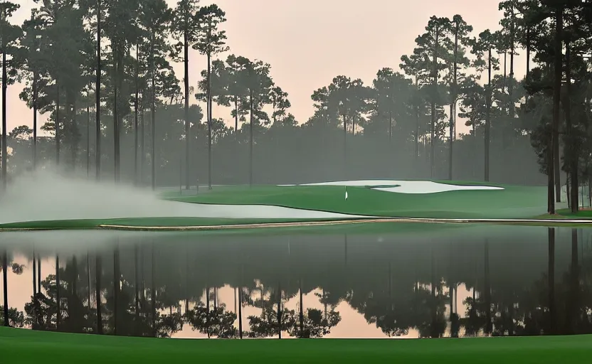 Image similar to augusta national, the masters, nr. 1 2, completely flooded with brown water, beautiful ambient light, fog,