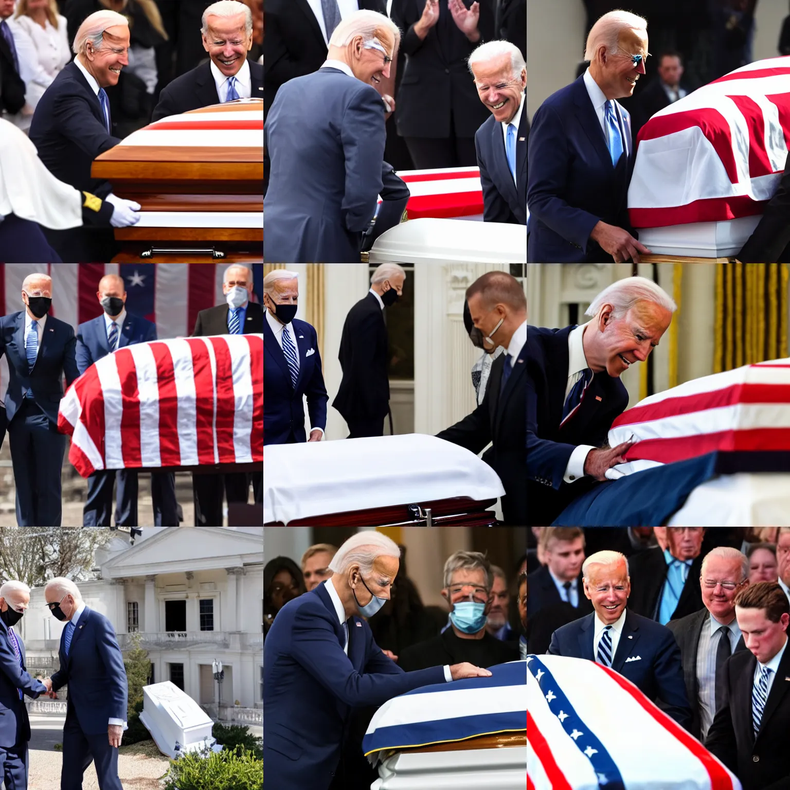 Prompt: joe biden shaking hand with corpse in casket