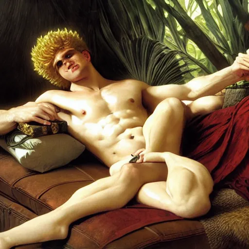 Image similar to Bacchus the pale blond Greek God league of legends on his day off, reclining on a lounge, long fluffy curly blond hair with Center parted curtain bangs, highly detailed, digital painting, artstation, concept art, golden ratio composition, smooth, sharp focus, illustration, ArtStation, art by artgerm and greg rutkowski and alphonse mucha and Edmund Blair Leighton and Charlie Bowater