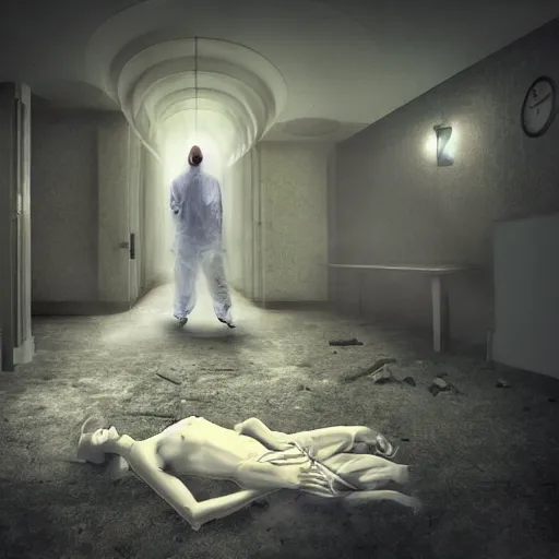 Image similar to I woke up in pieces, hospital bound, time is running out, surreal, fantasy, digital art