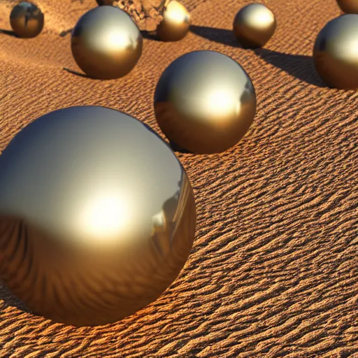 Prompt: army of metallic spheres in desert, raytracing, 5 5 mm