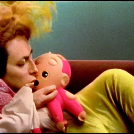 Image similar to woman who has given birth to a squishy inflatable toy, in hospital bed, 1974 Fellini film, archival footage, technicolor film, 16mm, wacky children's tv with anthropomorphic animal