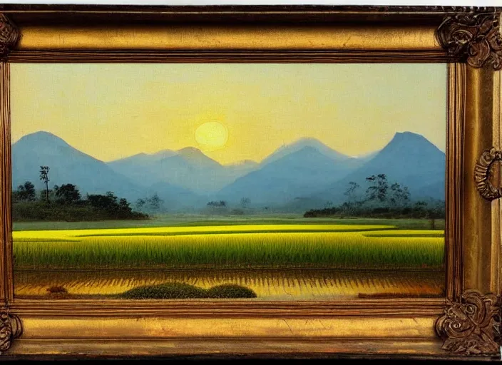 Prompt: painting of a rice paddy with two big mountains in the background, a wide asphalt road!!!! divides paddy field in the middle composition, big yellow sun rising between 2 mountains, oil painting by old master masterpiece