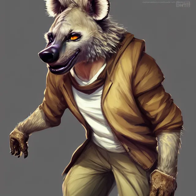 Image similar to character concept art of a male anthropomorphic furry hyena | | cute - fine - face, pretty face, key visual, realistic shaded perfect face, fine details by stanley artgerm lau, wlop, rossdraws, james jean, andrei riabovitchev, marc simonetti, and sakimichan, trending on artstation