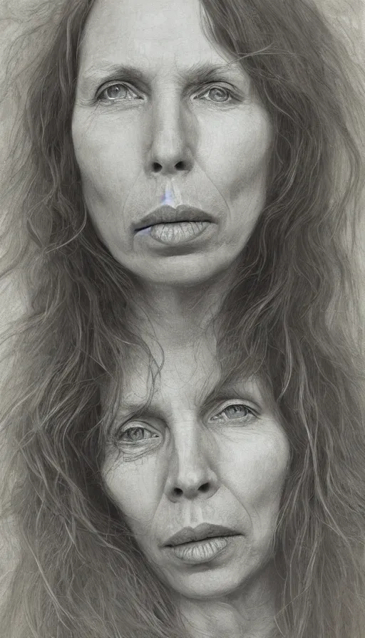 Image similar to cinematic portrait of 1 9 7 0 s joni mitchell, intricate, elegant, by alyssa monks, highly detailed, symmetrical face, fine details, masterpiece, trending on artstation