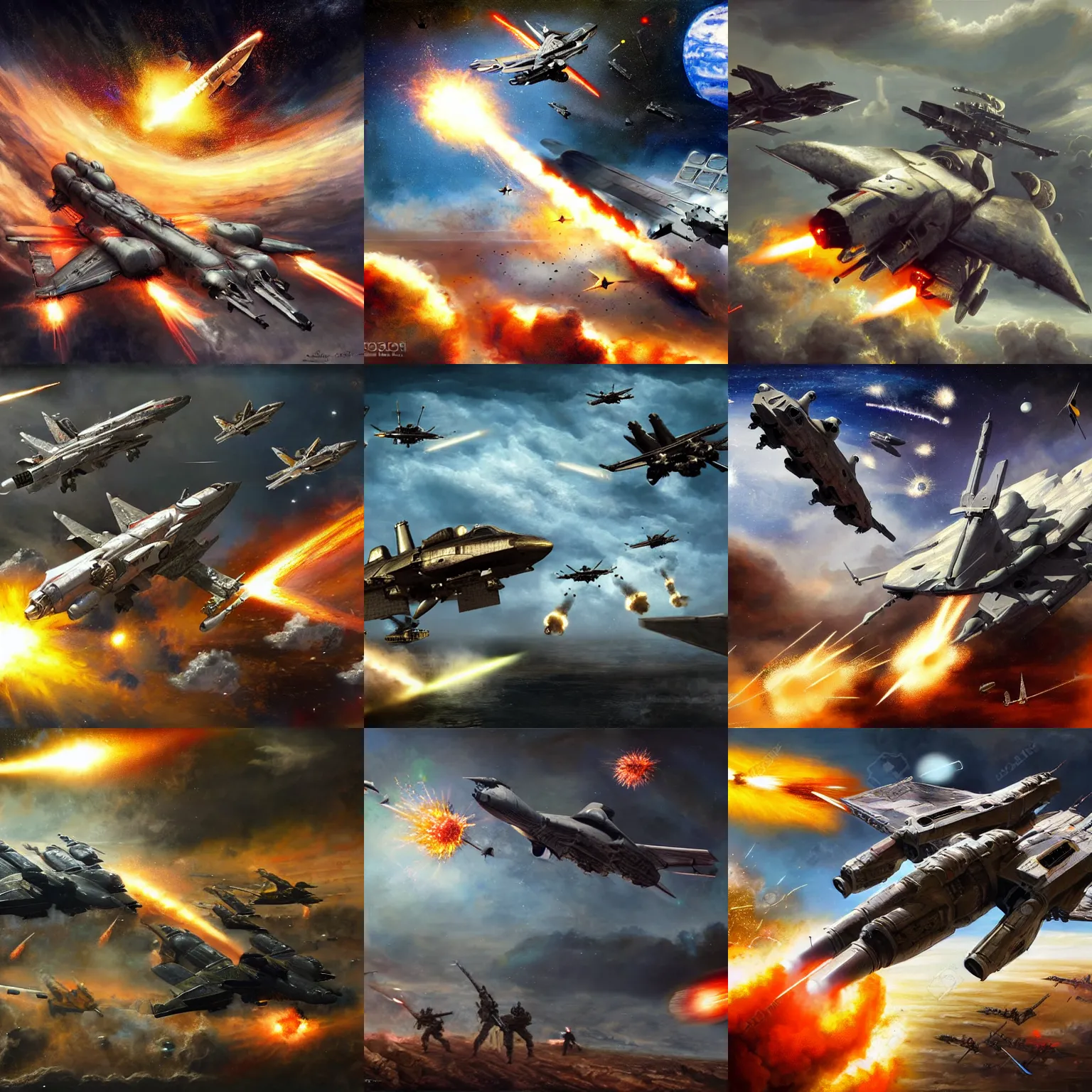 Prompt: a military army fighting a spaceship with explosions, realistic painting, classical painting, high definition, digital art, matte painting, very detailed, realistic