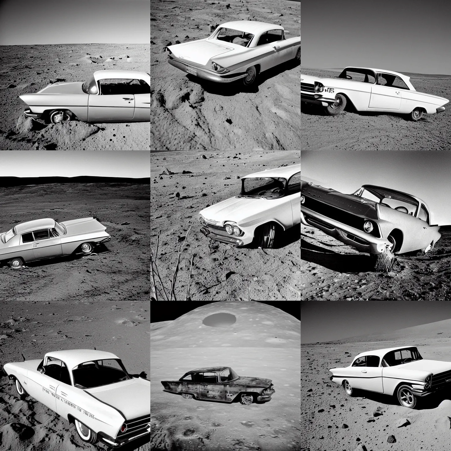 Prompt: A 1960's classified government photograph of a 1960 Chevrolet Biscayne coupe wrecked on the surface of the Moon, black and white 35mm photography