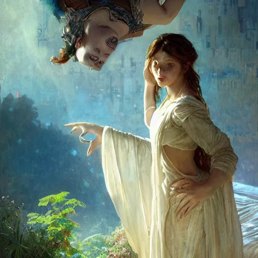 Image similar to portrait of girl in linen clothing falling from the room ceiling into a bed, fantasy character portrait, ultra realistic, concept art, intricate details, highly detailed by greg rutkowski, gaston bussiere, craig mullins, in style of alphonso mucha