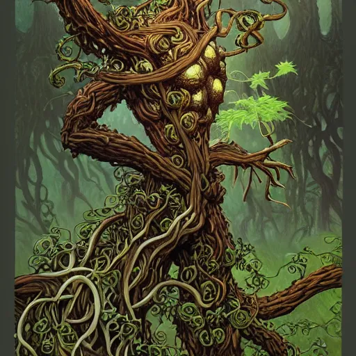 Prompt: anthropomorphic tangle of vines and plant matter. this fantasy creature guards the woods from unwary travelers. similar to a treant or forest spirit. By rebecca guay, by terese nielsen, by aaron miller, by kieran yanner. trending on artstation. 4k resolution.