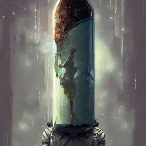 Image similar to character concept of an astronaut, with beer bottle in hand, ima dark rain forest at night, foggy, eerie, highly detailed, digital painting, artstation, concept art, symmetry, smooth, sharp focus, illustration, art by artgerm and greg rutkowski and alphonse mucha