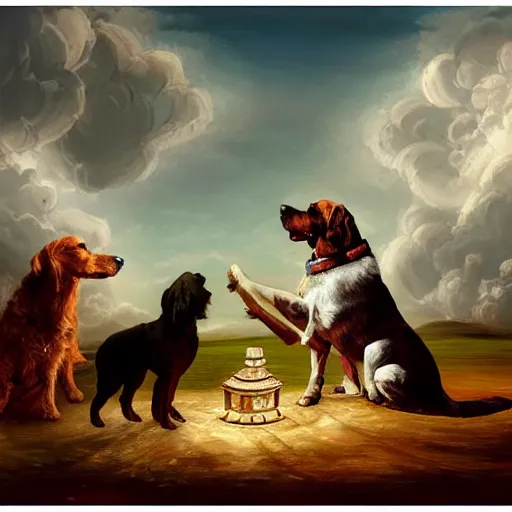 Prompt: the god of dogs from the heaven talking to his dog nation, illustration, 8 k, oil painting,