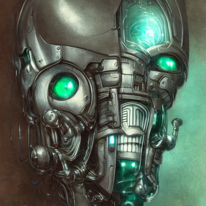 Image similar to h. r. giger esque portrait of a friendly, happy, emerald ultron from age of ultron, fresh of the production line, washed, clean, shiny, clockwork steampunk, head and chest only, by beksinski, 4 k, deviantart, trending on artstation