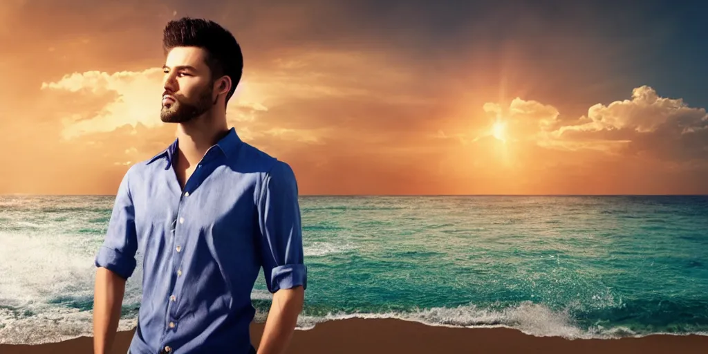 Image similar to a handsome guy is standing tall, in a beautiful shirt, with the beach, sea, sun, rays in the background? super detail, one character