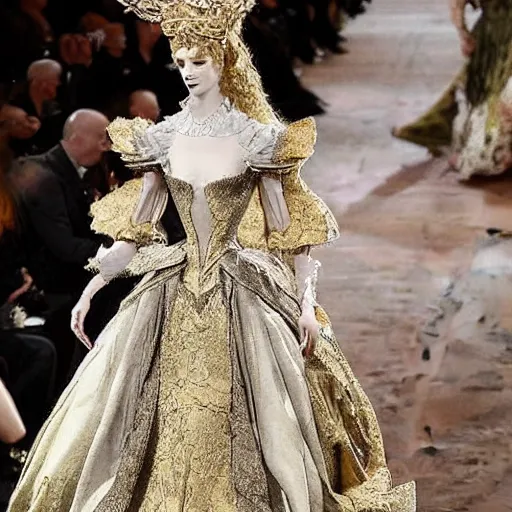 Image similar to fashion design inpired by fairy tale, for dragon queen, designed by alexander mcqueen, rococo