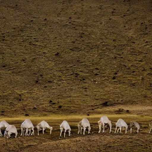 Prompt: a dreamlike landscape where all the hills are made of chicken skin and they have those little bumps and look kind of damp. Along the landscape walks a green skinned six legged camel.