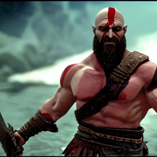 Prompt: photo of kratos god of war in the movie billy madison cinestill, 800t, 35mm, full-HD