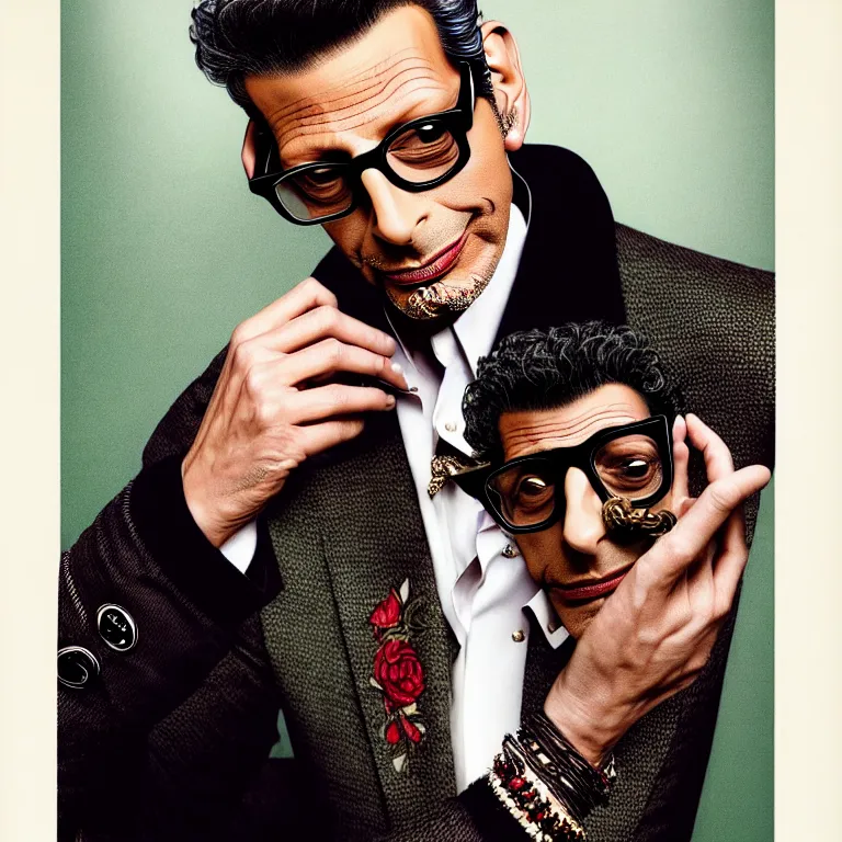 Image similar to a very beautiful gucci portrait of jeff goldblum, highly detailed, intricate, photography, fashion