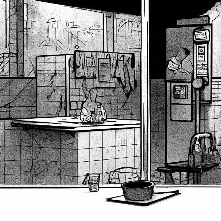 Image similar to close - up on poor quality food, water, and gruel : on a table. background : empty minimalist interior of a dirty automated kiosk, black tiles on walls. black and white, pencil and ink. by gabriel hardman, joe alves, chris bonura. cinematic atmosphere, detailed and intricate, perfect anatomy