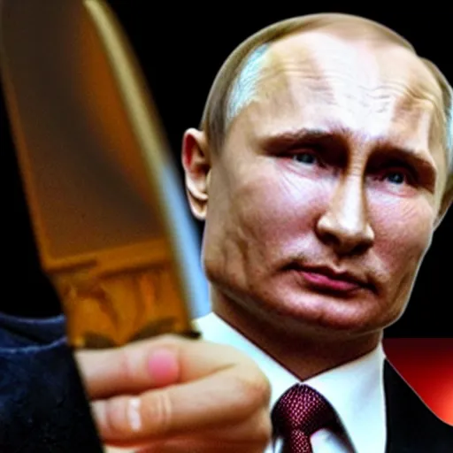 Prompt: photo of putin holding a bloody knife