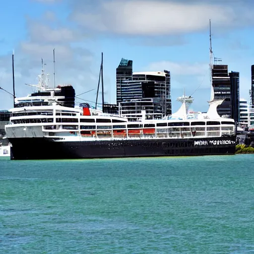 Image similar to fantasy ship sailing through Auckland Harbor