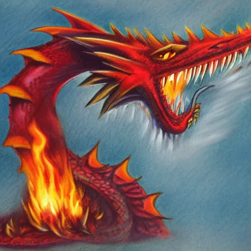 Image similar to firefighters against a fire - breathing dragon, pencil art, fire, colorful