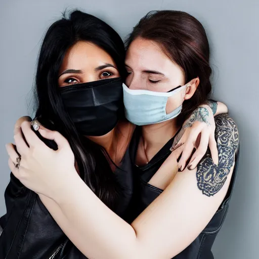 Image similar to Hot young woman, grey skin, void eyeballs, tattoos, wearing a leather jacket, comforting someone in a shroud and mask, hugging them as they cry on her chest