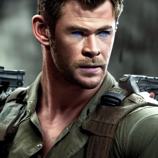 Image similar to chris hemsworth as chris redfield, 4 k, high detail, high - resolution photograph, professional photography, ultra - detail, resident evil