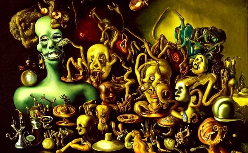 Prompt: the weirdest image ever disturbing colorful oil painting dutch golden age vanitas still life with bizarre recursive humanoid faces strange beautiful curvy women metal objects shiny gooey surfaces shiny metal bizarre insects rachel ruysch dali todd schorr very detailed perfect composition rule of thirds masterpiece canon 5 0 mm, cinematic lighting, chiaroscuro