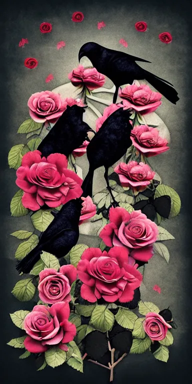 Image similar to crows made out of roses, rose crows, flower crows, crows made of flowers, muted tones, album artwork, expressionist, serene,