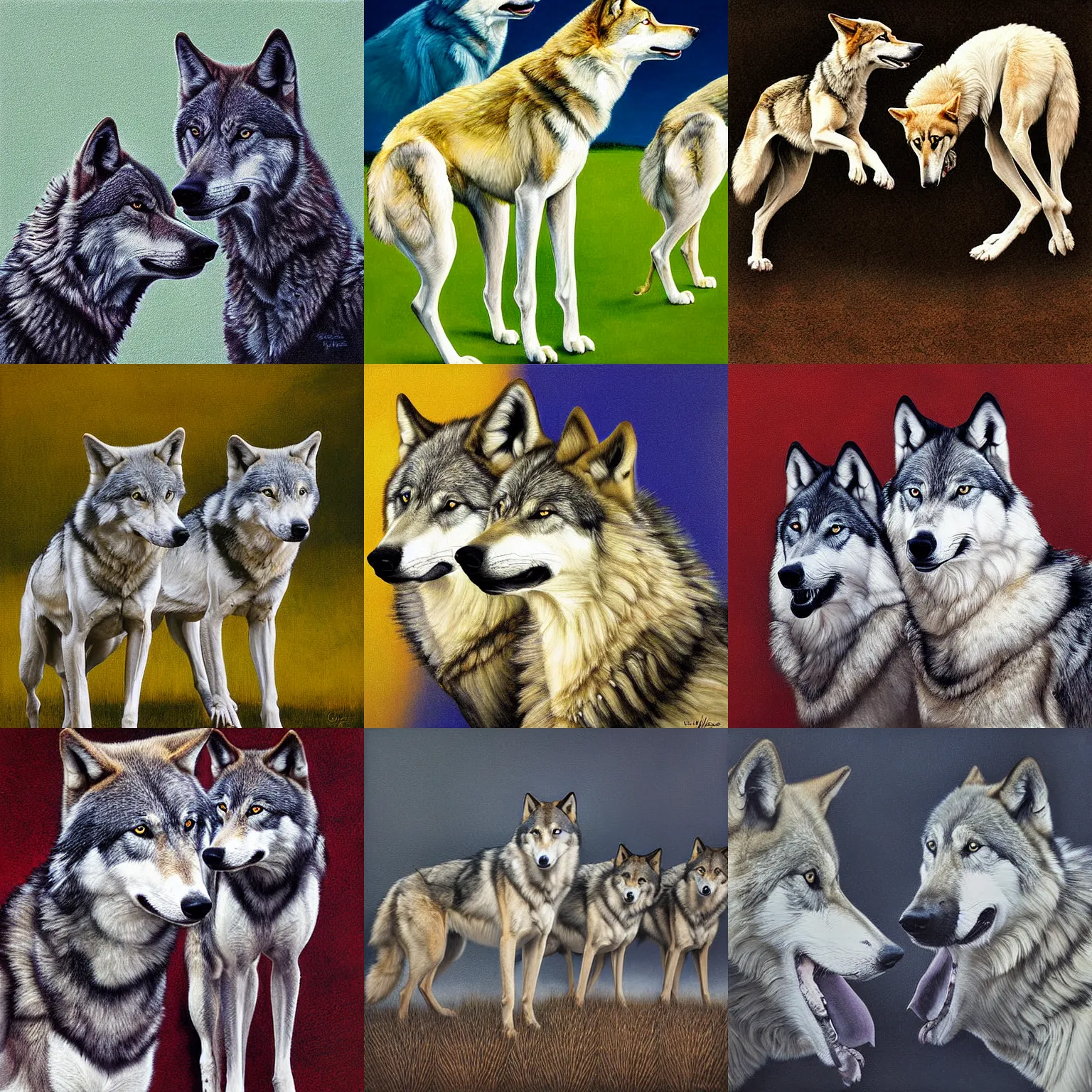 Prompt: pack of wolves painting by Elke Vogelsang and George Stubbs