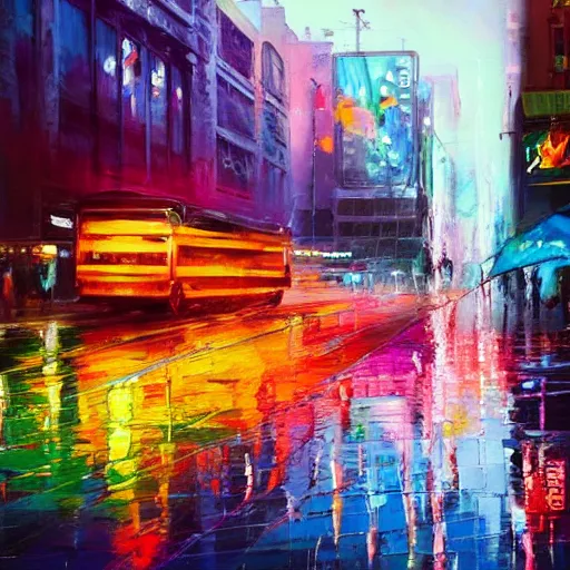 Prompt: acrylic painting, impressionism and expressionism, strong emotional impact, bold pastel colors, expressive brushstrokes, puddles, overall sense of movement in the composition. an art deco streetscape lined with beautiful flowers, by liam wong and tyler edlin, trending on artstation