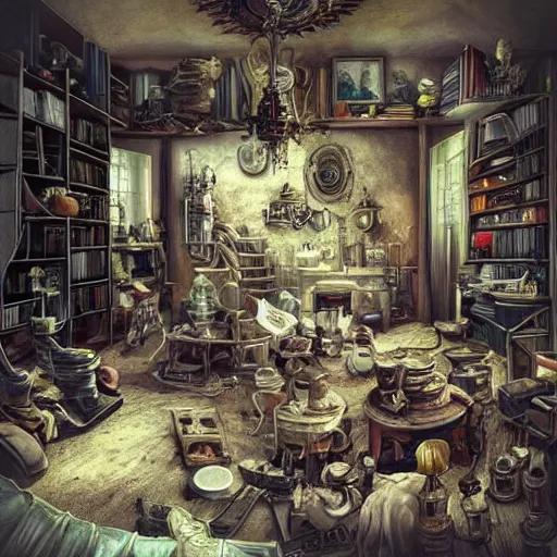 Image similar to weird interior full of stuff, chaotic ambiance, living room of a mad alchemist