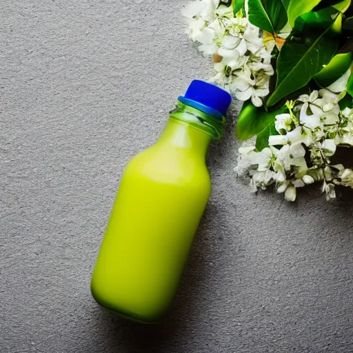 Image similar to juice bottle surrounded by white flowers, green leaves, and pears, soft zen minimalist, white background, bright, crisp