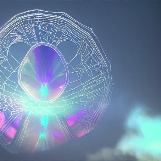 Image similar to a intricate iridiscent halo with spiderweb desing portal in the heavens, cinematic unreal engine 5