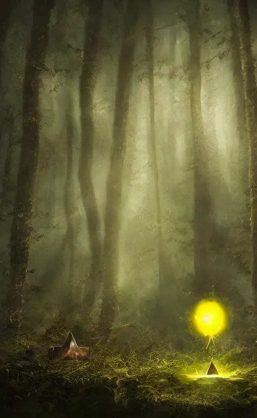 Image similar to dark fantasy photorealistic concept art of bill cipher floating in the middle of a forest with glowing yellow eyes, and pebbles floating in the air, gloomy seen, dynamic lighting, ambient lighting, atmospherical, stunning visuals, creative, cinematic, ultra detailed, trending on art station