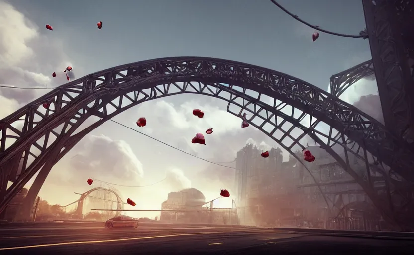 Prompt: explosions in the form of realistic cotton plants hit big harbour bridge, smooth, sharp focus, highly detailed, 3 d octane render, epic lighting, dark atmosphere, 8 k, by goro fujita