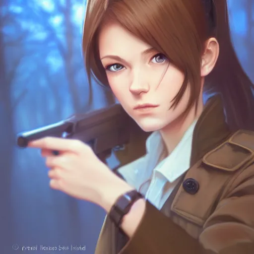 Prompt: realistic render of a girl with brown hair in a ponytail, blue eyes wearing a blue trenchcoat by rossdraws, forest background by ilya kuvshinov, digital anime art by ross tran, composition by sana takeda, lighting by greg rutkowski