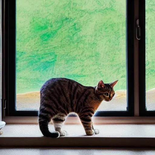 Prompt: cat watching a martian landscape from inside a window, standing in the floor next to a bowl with cat food