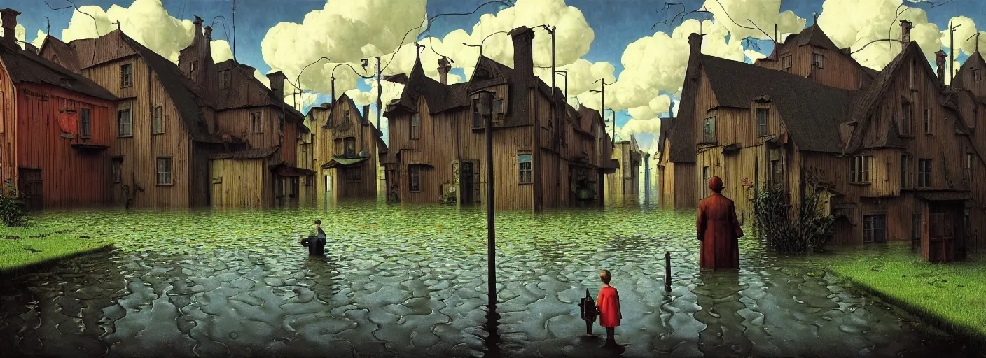 Image similar to flooded! old dark scary wooden empty cursed town street entrance, very coherent and colorful high contrast masterpiece by gediminas pranckevicius rene magritte norman rockwell franz sedlacek, full - length view, dark shadows, sunny day, hard lighting, reference sheet white background