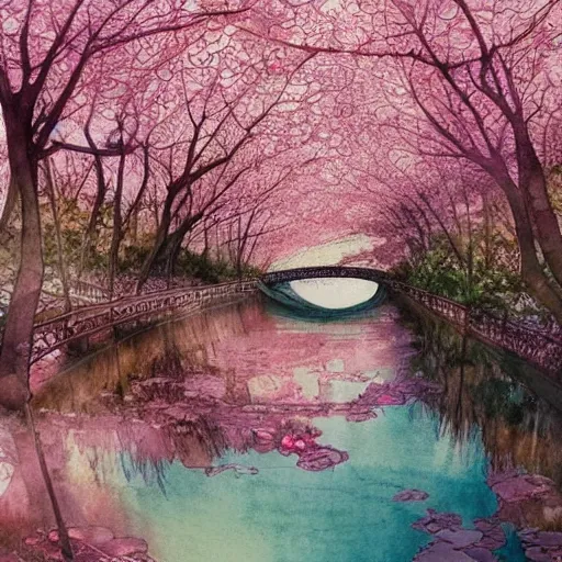 Prompt: a beautiful and inspiring intricate watercolor illustration inside a river, pink sakura trees forming a tunnel, 4 k, ultra - wide angle, by william turner, by victo ngai, by alphonse mucha, by miho hirano, hd, trending on artstation, hyper detailed, muted colors, inspiring, beautiful, paradisiac